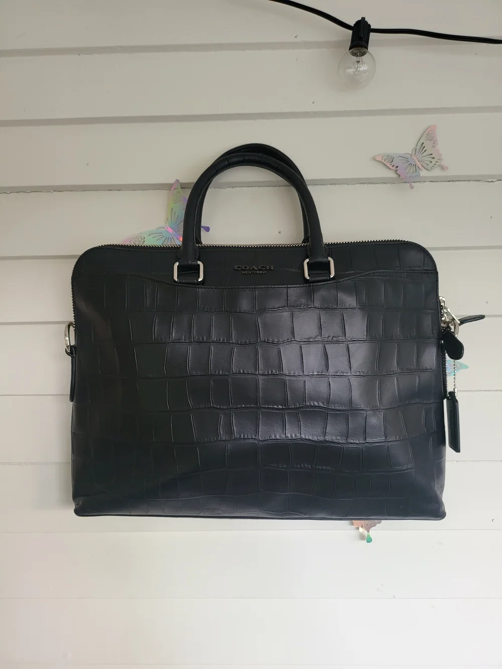 Coach Black Croc-Embossed Leather Briefcase with Top Handles
